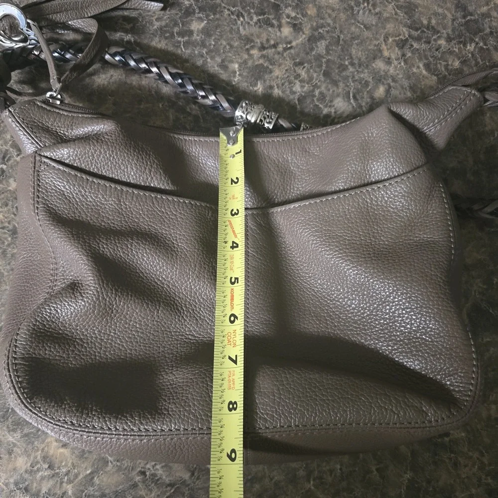 BRIGHTON Pewter Gray Pebbled Leather Hobo Bag Purse Braided Strap